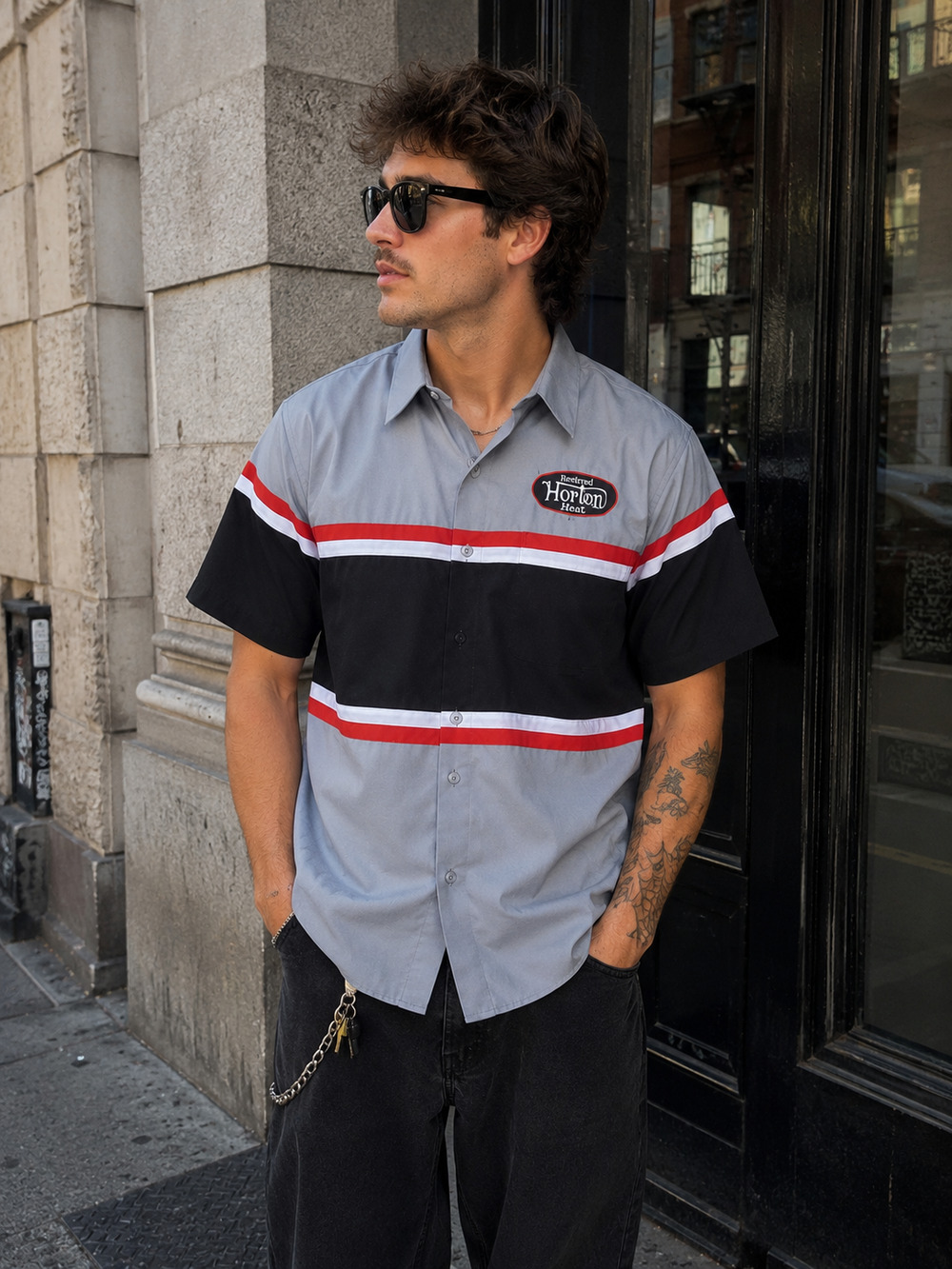 Vintage 90s Reverend Horton Heat Embroidered Patch Red Kap Work Shirt - Size M